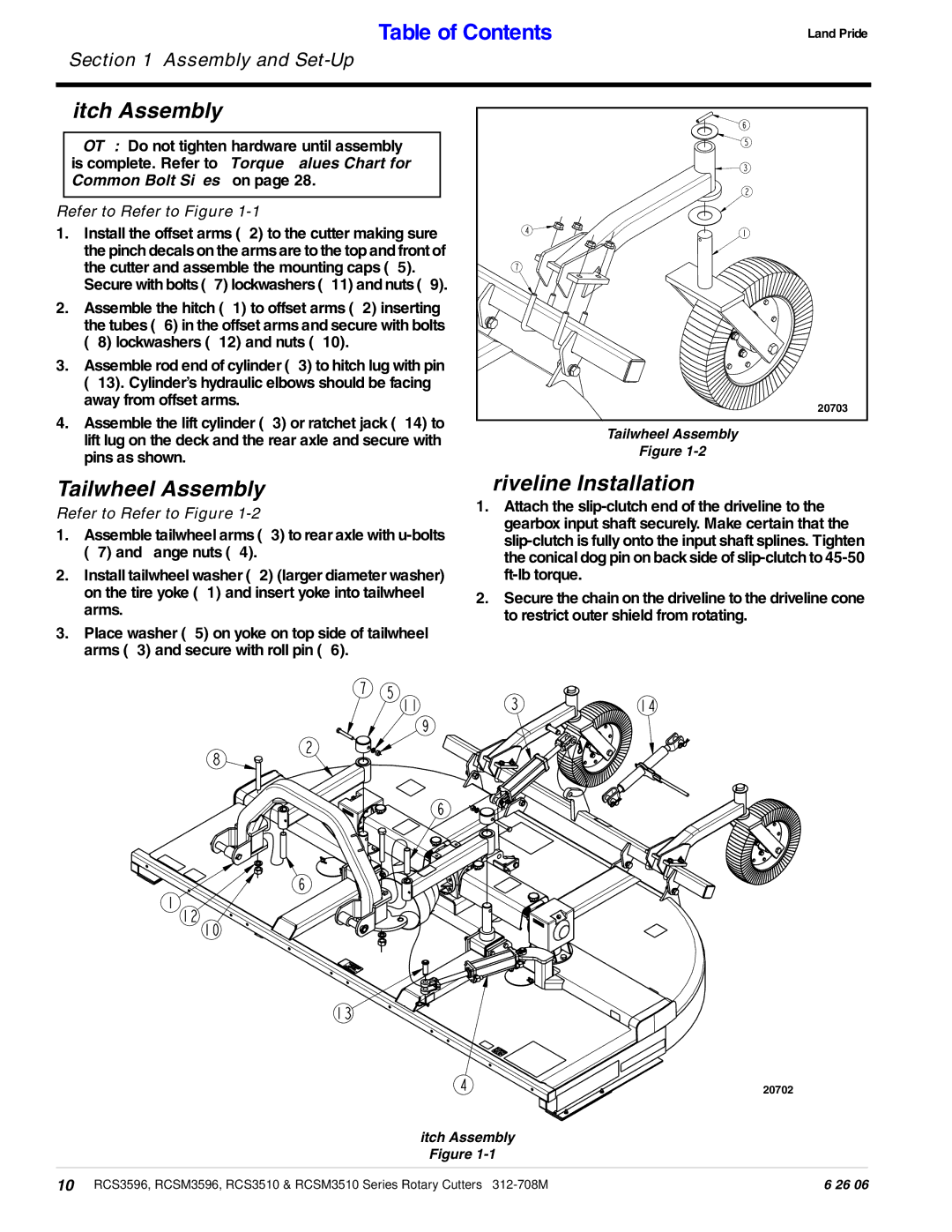 Land Pride RCS3510, RCS3596, RCSM3596, RCSM3510 manual Hitch Assembly, Tailwheel Assembly, Driveline Installation 