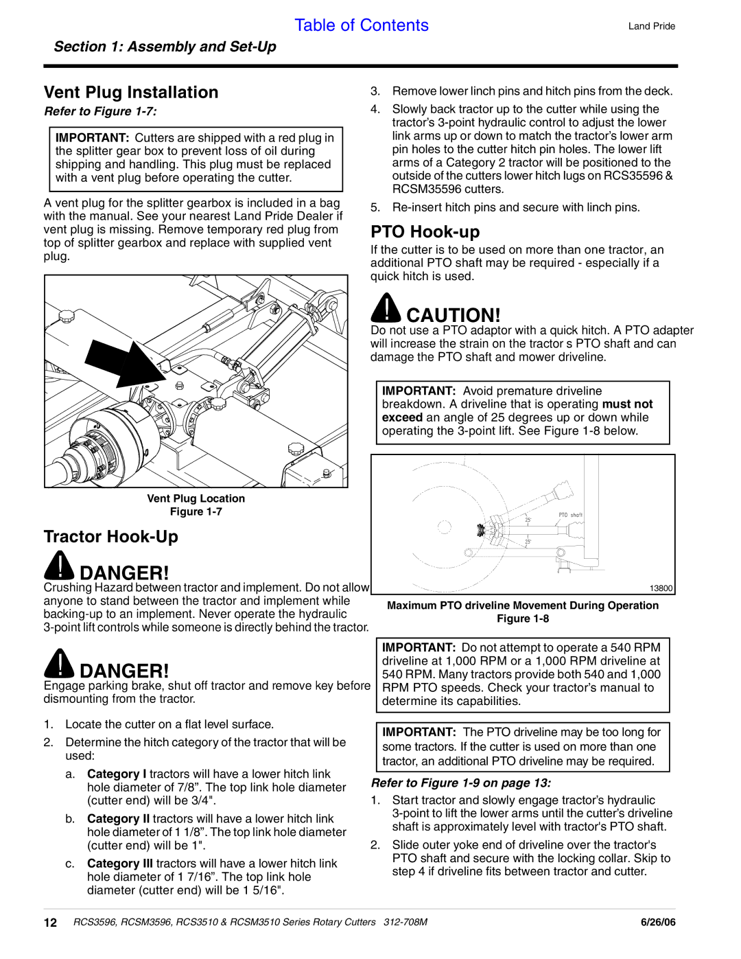 Land Pride RCSM3596, RCS3510, RCS3596, RCSM3510 manual Vent Plug Installation, PTO Hook-up, Tractor Hook-Up 