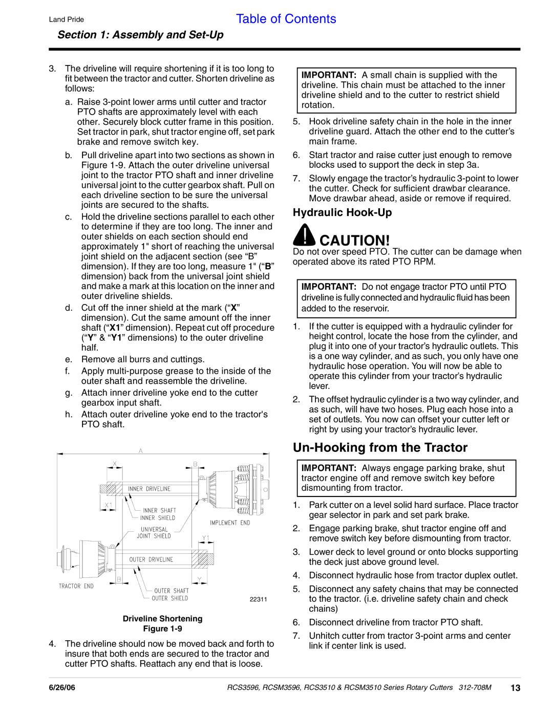 Land Pride RCSM3510, RCS3510, RCS3596, RCSM3596 manual Un-Hooking from the Tractor, Hydraulic Hook-Up 