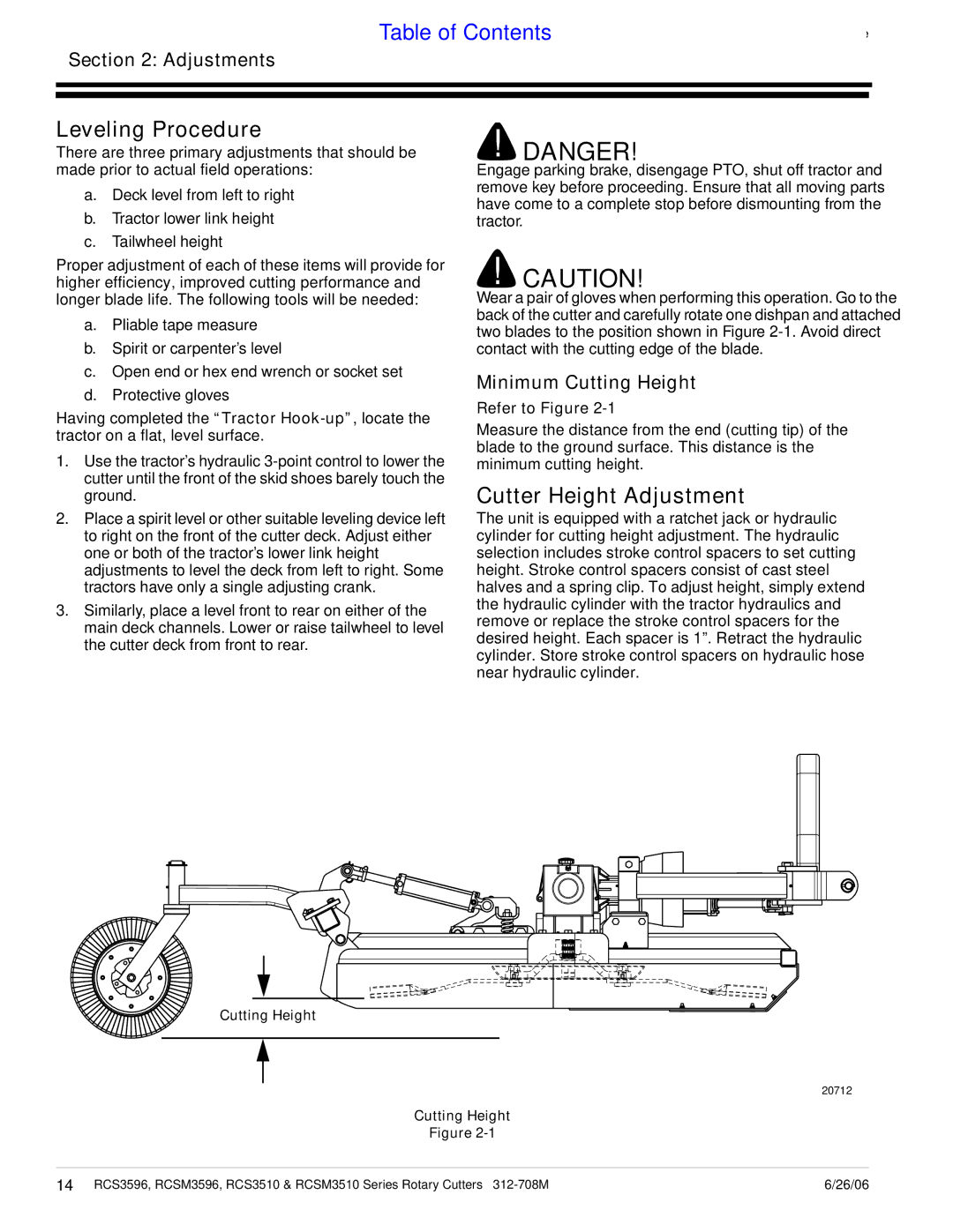 Land Pride RCS3510, RCS3596, RCSM3596 Leveling Procedure, Cutter Height Adjustment, Adjustments, Minimum Cutting Height 