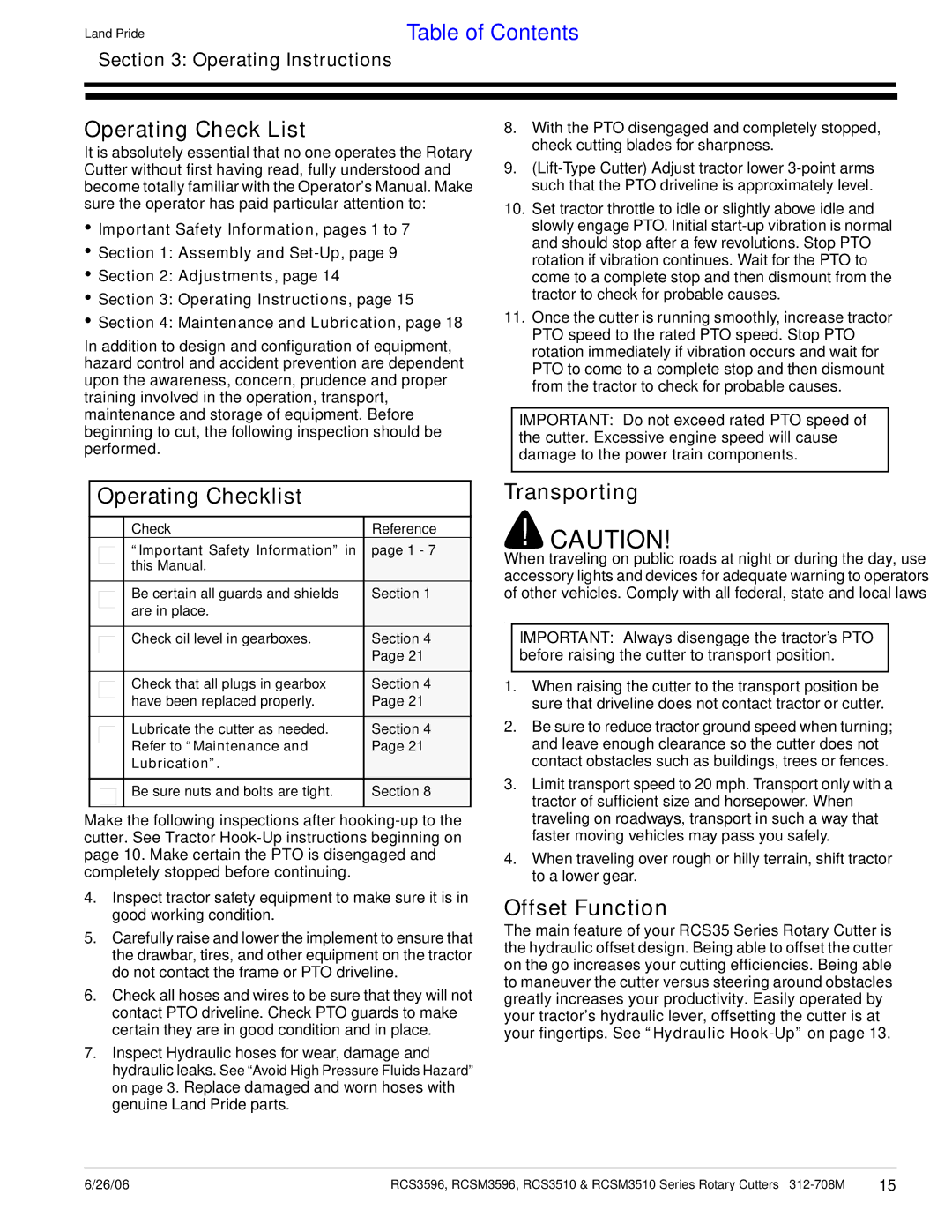 Land Pride RCS3596 manual Operating Check List, Operating Checklist, Transporting, Offset Function, Operating Instructions 