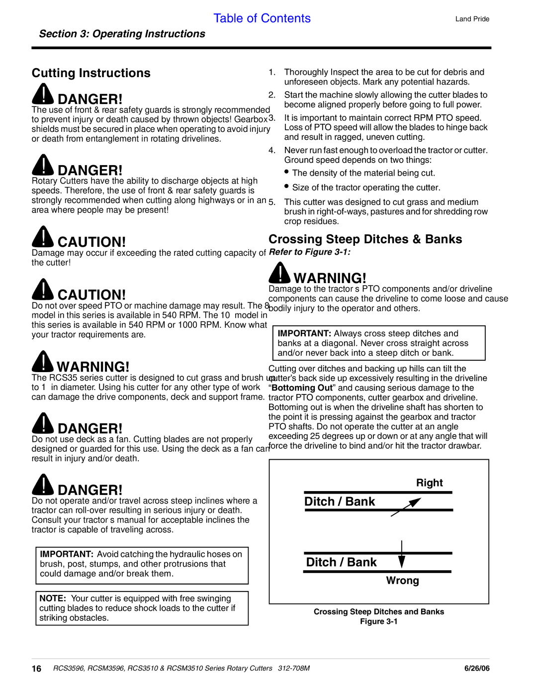 Land Pride RCSM3596, RCS3510, RCS3596 manual Cutting Instructions, Crossing Steep Ditches & Banks, Ditch / Bank, Right, Wrong 