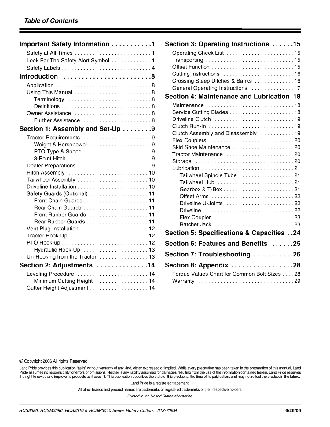 Land Pride RCSM3596, RCS3510, RCS3596, RCSM3510 manual Table of Contents 