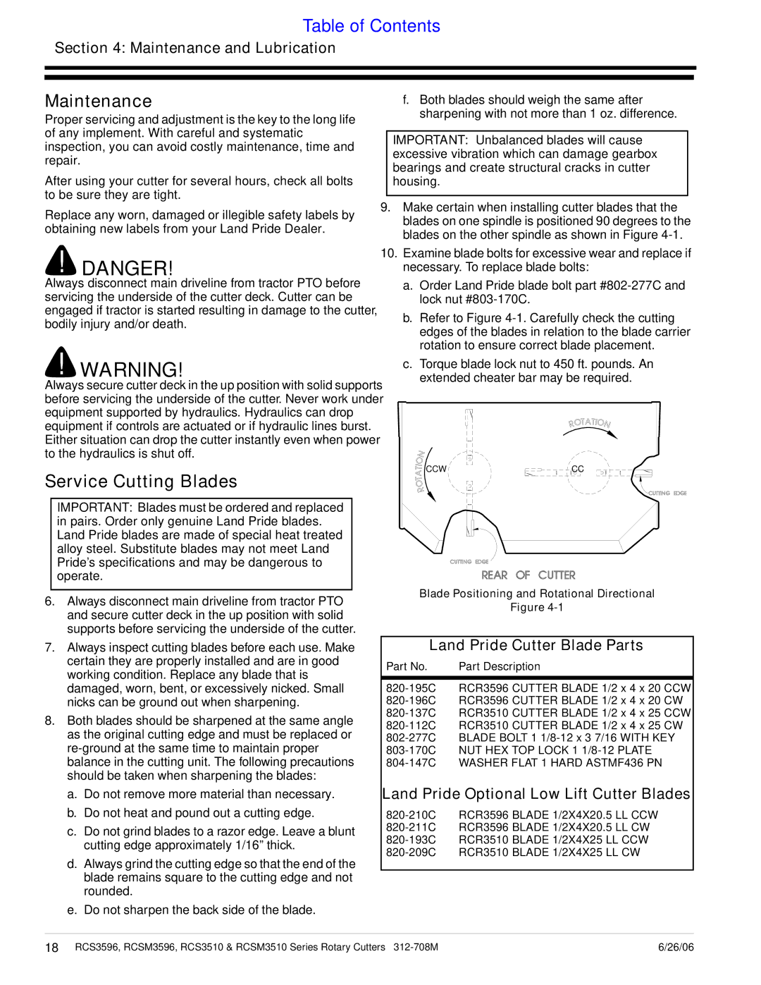 Land Pride RCS3510, RCS3596 manual Service Cutting Blades, Maintenance and Lubrication, Land Pride Cutter Blade Parts 