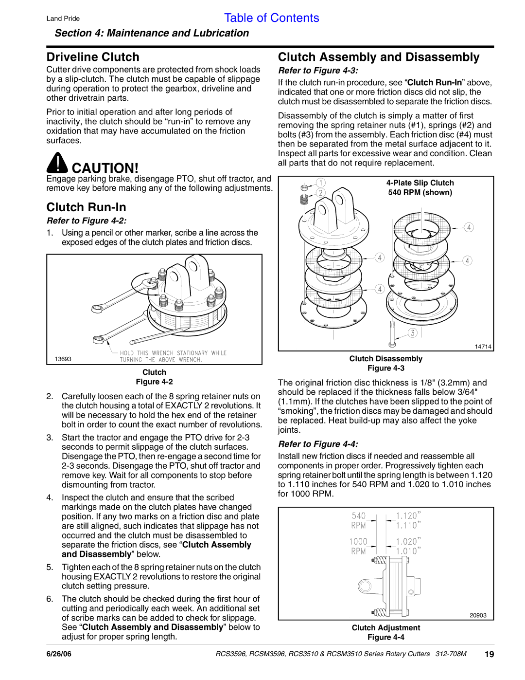 Land Pride RCS3596, RCS3510, RCSM3596, RCSM3510 manual Driveline Clutch, Clutch Run-In, Clutch Assembly and Disassembly 