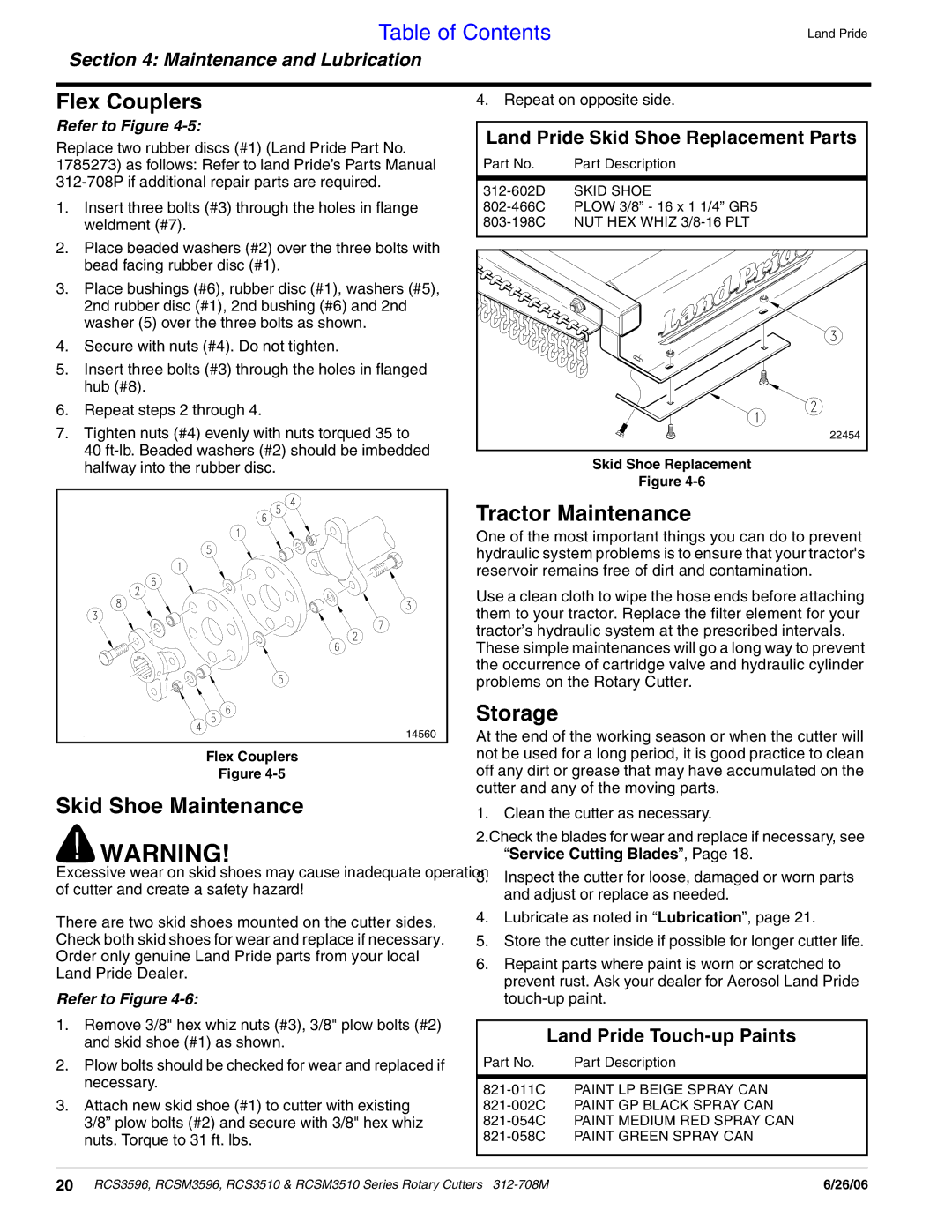 Land Pride RCSM3596, RCS3510, RCS3596, RCSM3510 manual Flex Couplers, Tractor Maintenance, Storage, Skid Shoe Maintenance 