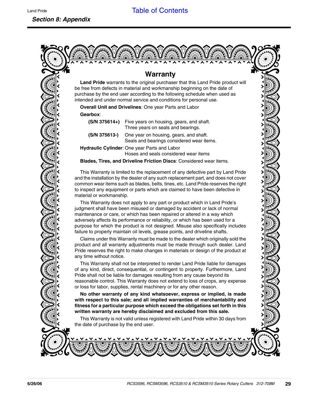 Land Pride RCSM3510, RCS3510, RCS3596, RCSM3596 manual Warranty 