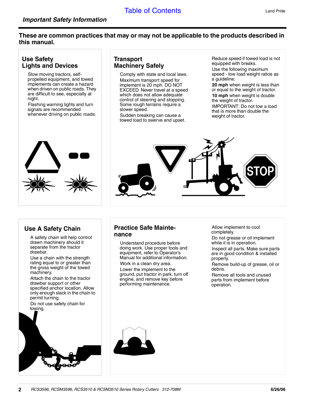 Land Pride RCS3510, RCS3596, RCSM3596, RCSM3510 Transport Machinery Safely, Use a Safety Chain, Practice Safe Mainte- nance 