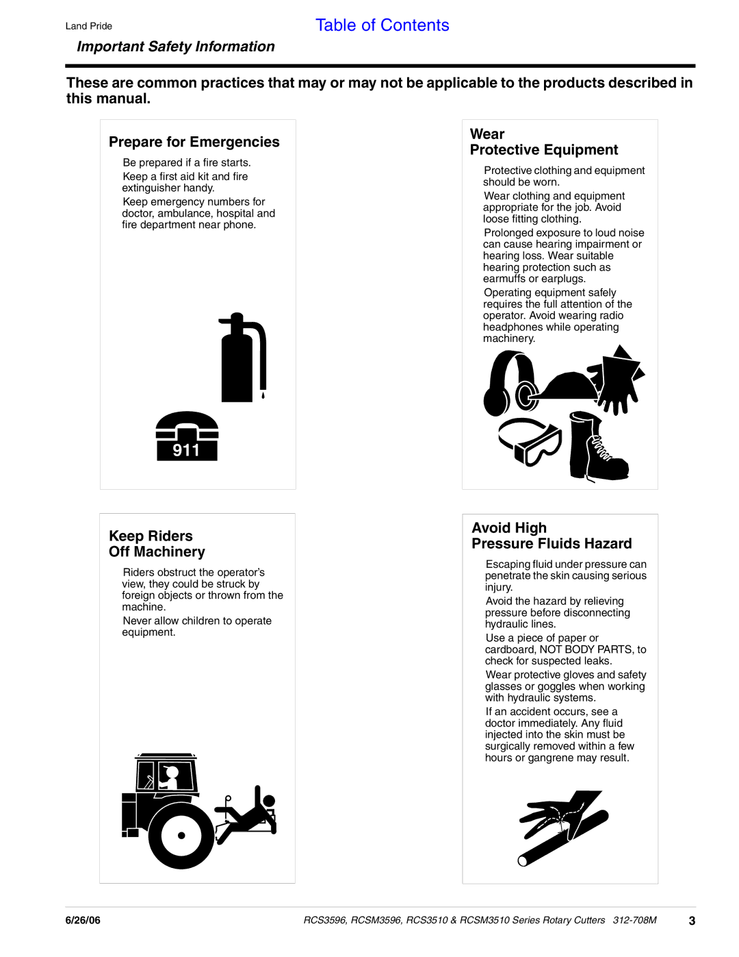 Land Pride RCS3596, RCS3510 manual Wear Protective Equipment, Keep Riders Off Machinery, Avoid High Pressure Fluids Hazard 