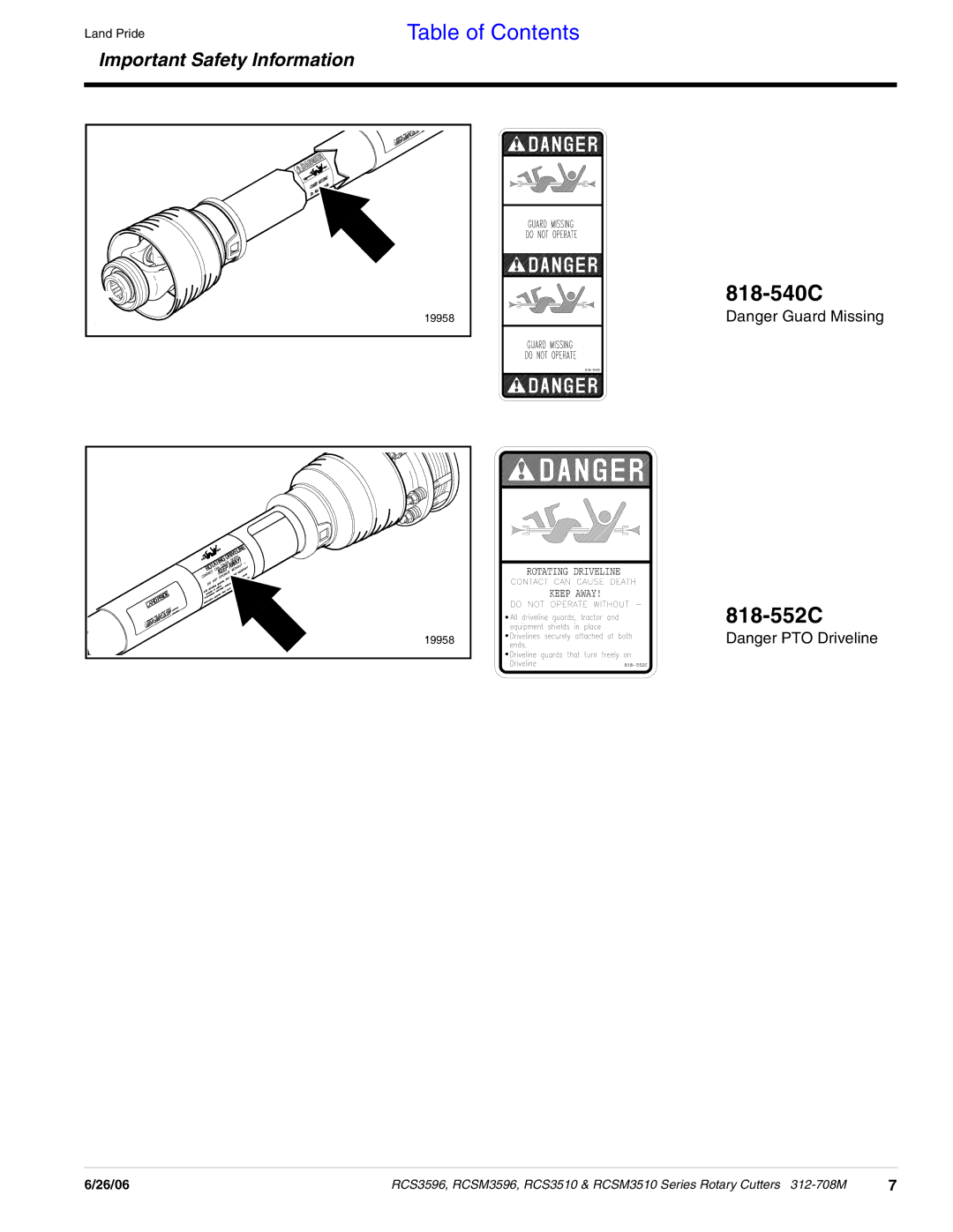 Land Pride RCS3596, RCS3510, RCSM3596, RCSM3510 manual 818-540C, 818-552C 