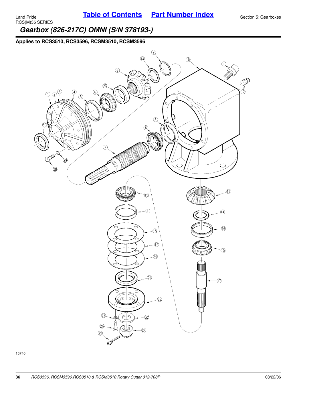 Land Pride RCS3510, RCS3596, RCSM3596, RCSM3510 manual Gearbox 826-217C Omni S/N 