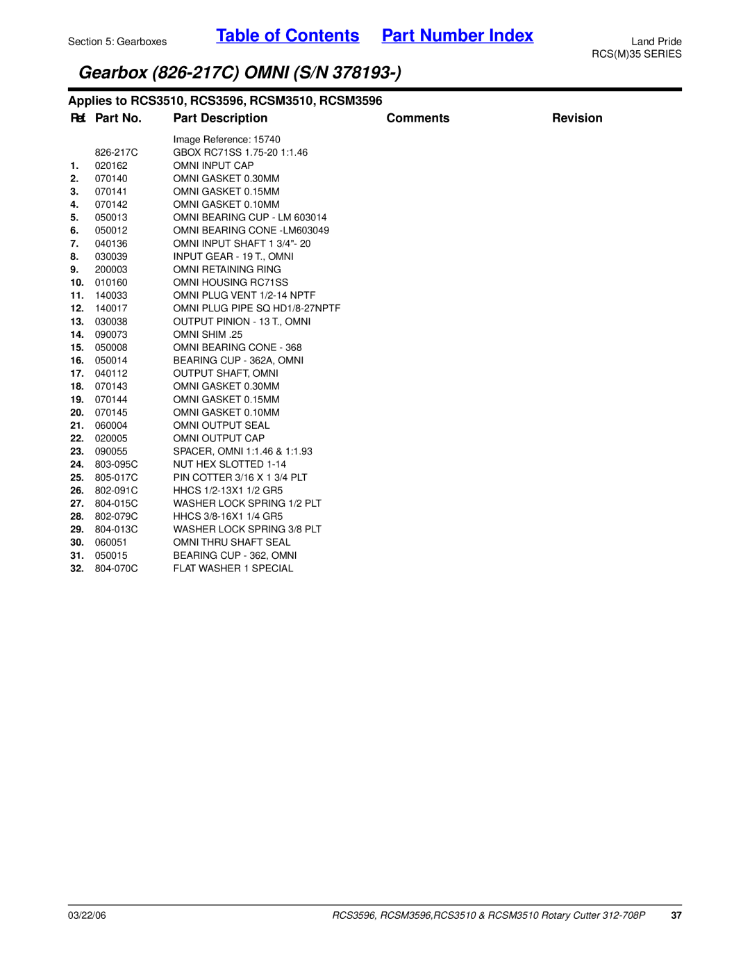 Land Pride RCS3596 manual Omni Input CAP, Omni Gasket 0.30MM, Omni Gasket 0.15MM, Omni Gasket 0.10MM, Omni Bearing CUP LM 