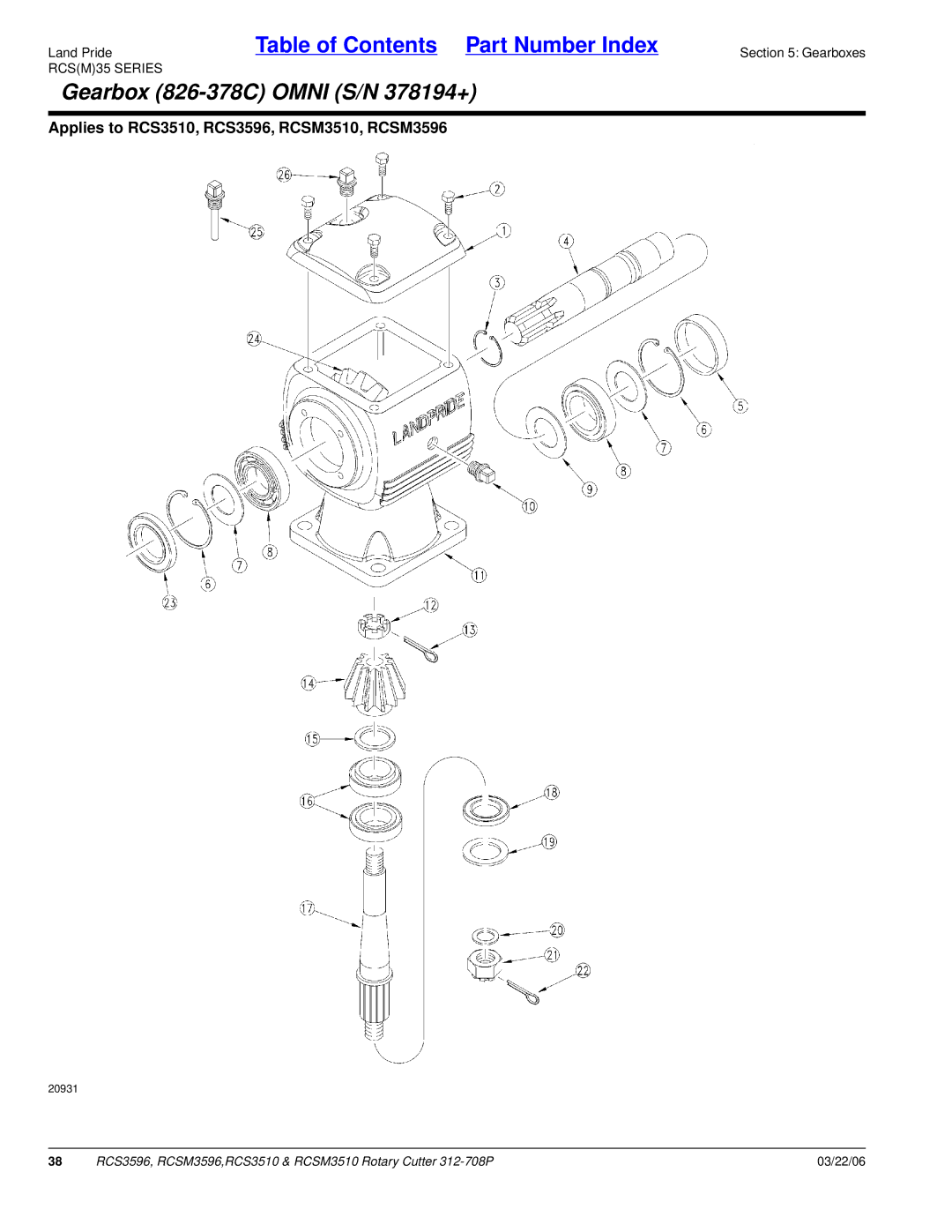 Land Pride RCSM3596, RCS3510, RCS3596, RCSM3510 manual Gearbox 826-378C Omni S/N 378194+ 