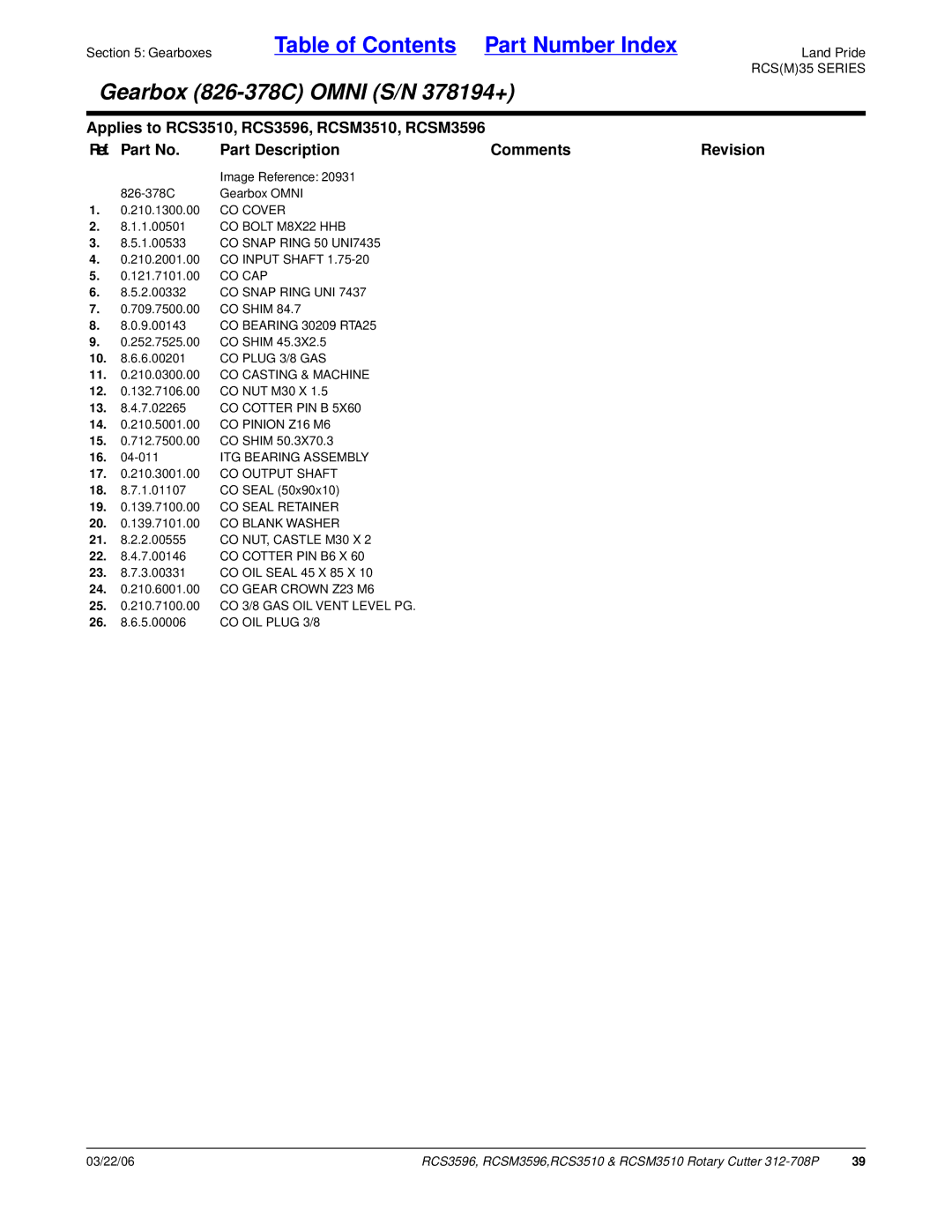 Land Pride RCSM3510, RCS3510, RCS3596, RCSM3596 manual CO Cover, ITG Bearing Assembly 