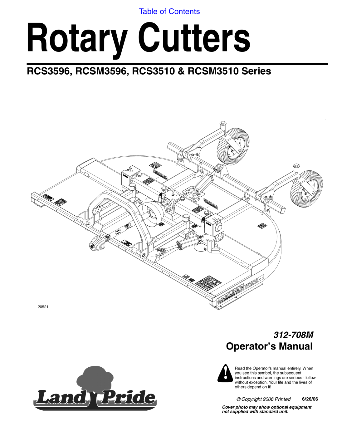 Land Pride manual Table of Contents, Rotary Cutters, RCS3596, RCSM3596, RCS3510 & RCSM3510 Series, Operator’s Manual 