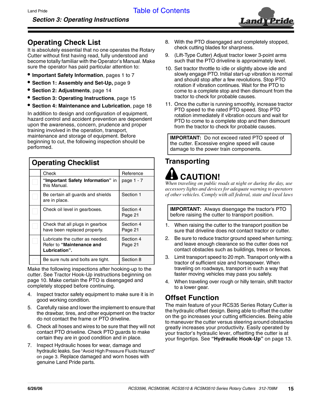 Land Pride RCS3596 manual Operating Check List, Operating Checklist, Transporting, Offset Function, Operating Instructions 