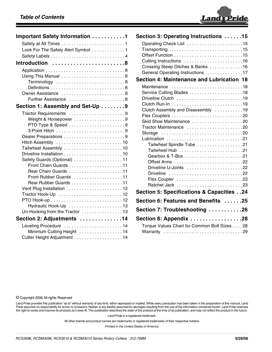 Land Pride RCSM3596 Table of Contents, Important Safety Information, Assembly and Set-Up, Adjustments, Troubleshooting 