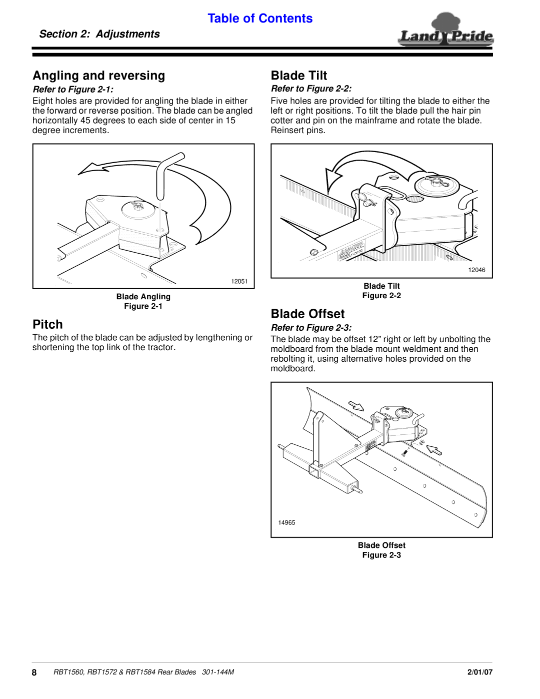 Land Pride RBT1560, Rear Blades, RBT1572 & RBT1584 manual Angling and reversing, Blade Tilt, Pitch, Blade Offset 