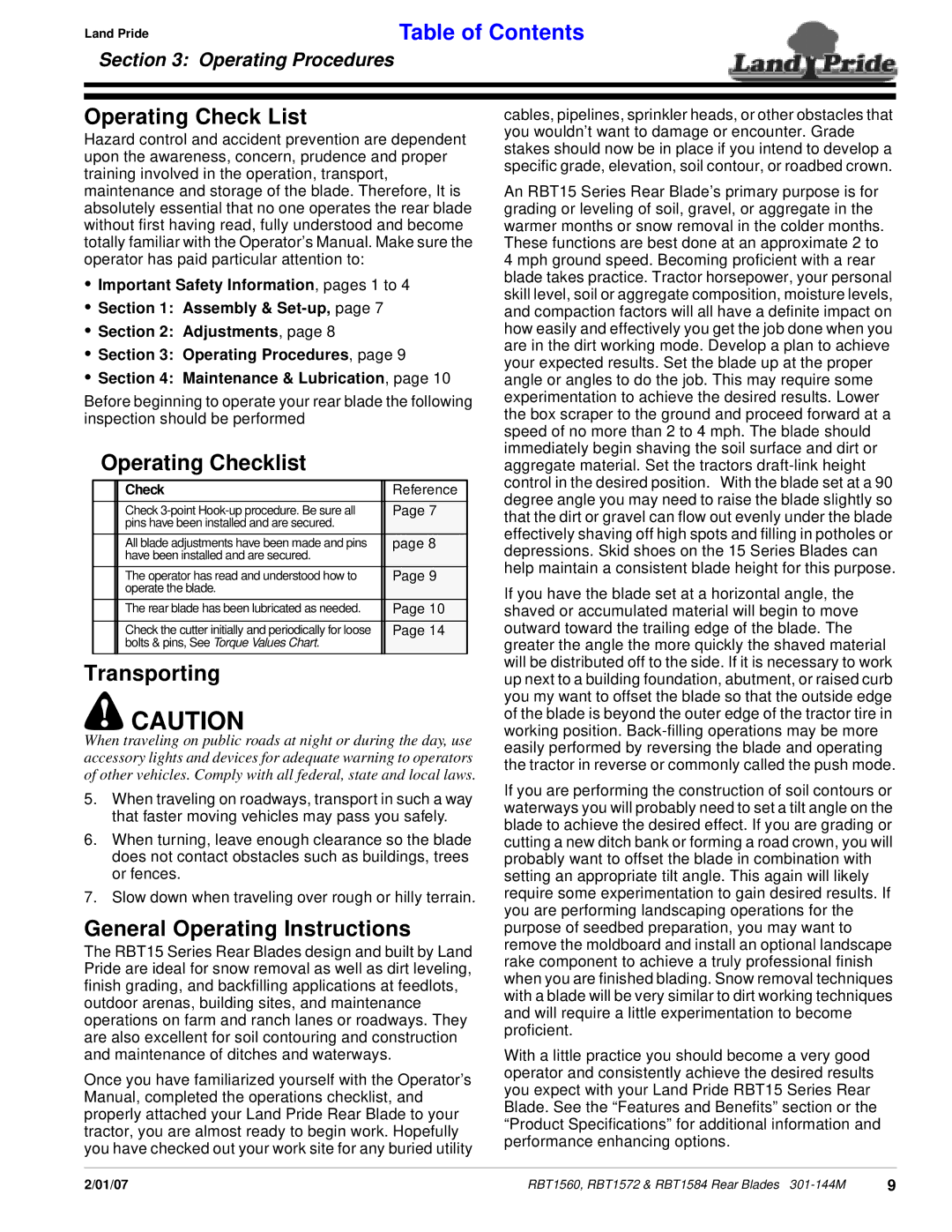 Land Pride RBT1572 & RBT1584 manual Operating Check List, Operating Checklist, Transporting, General Operating Instructions 