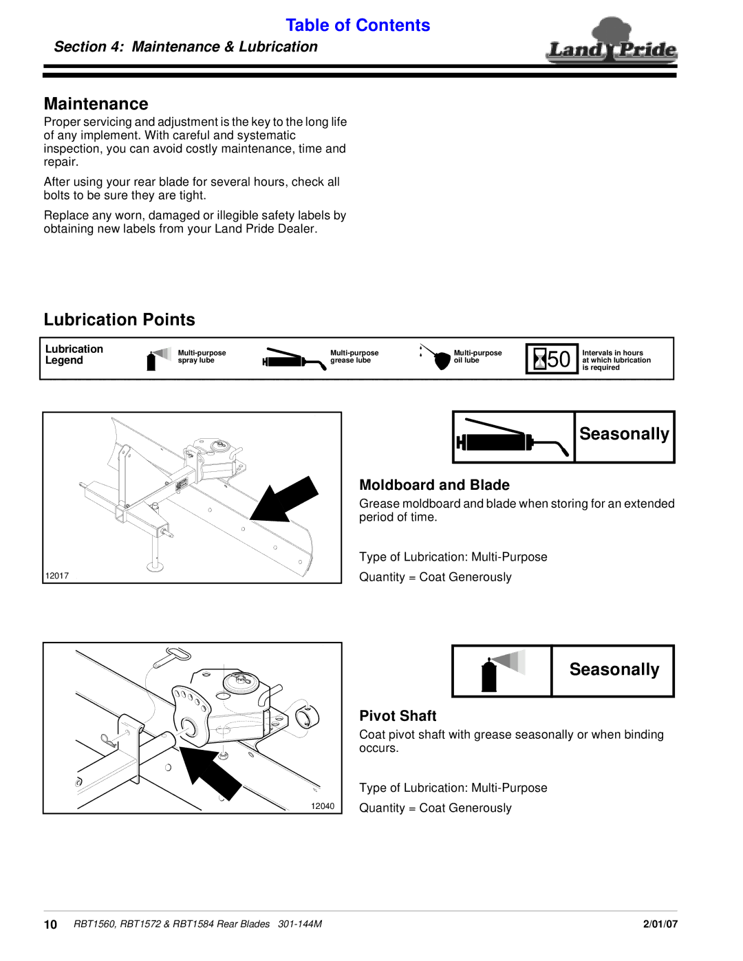 Land Pride Rear Blades, RBT1560 manual Maintenance, Lubrication Points, Seasonally, Moldboard and Blade, Pivot Shaft 