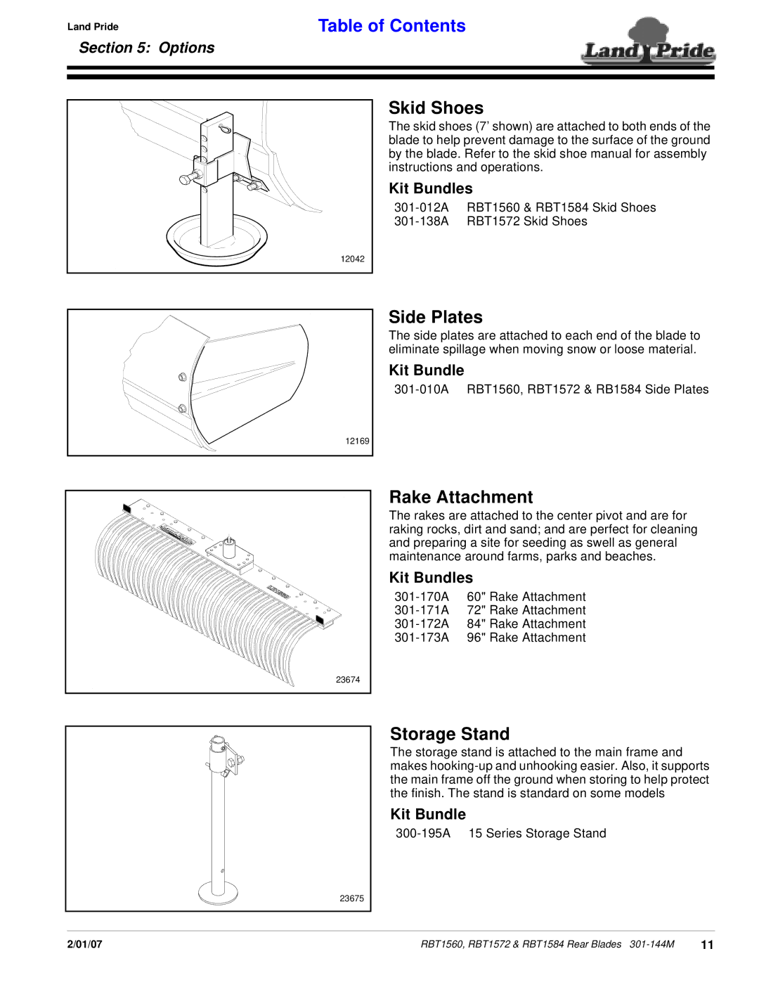 Land Pride RBT1560, Rear Blades, RBT1572 & RBT1584 manual Skid Shoes, Side Plates, Rake Attachment, Storage Stand 