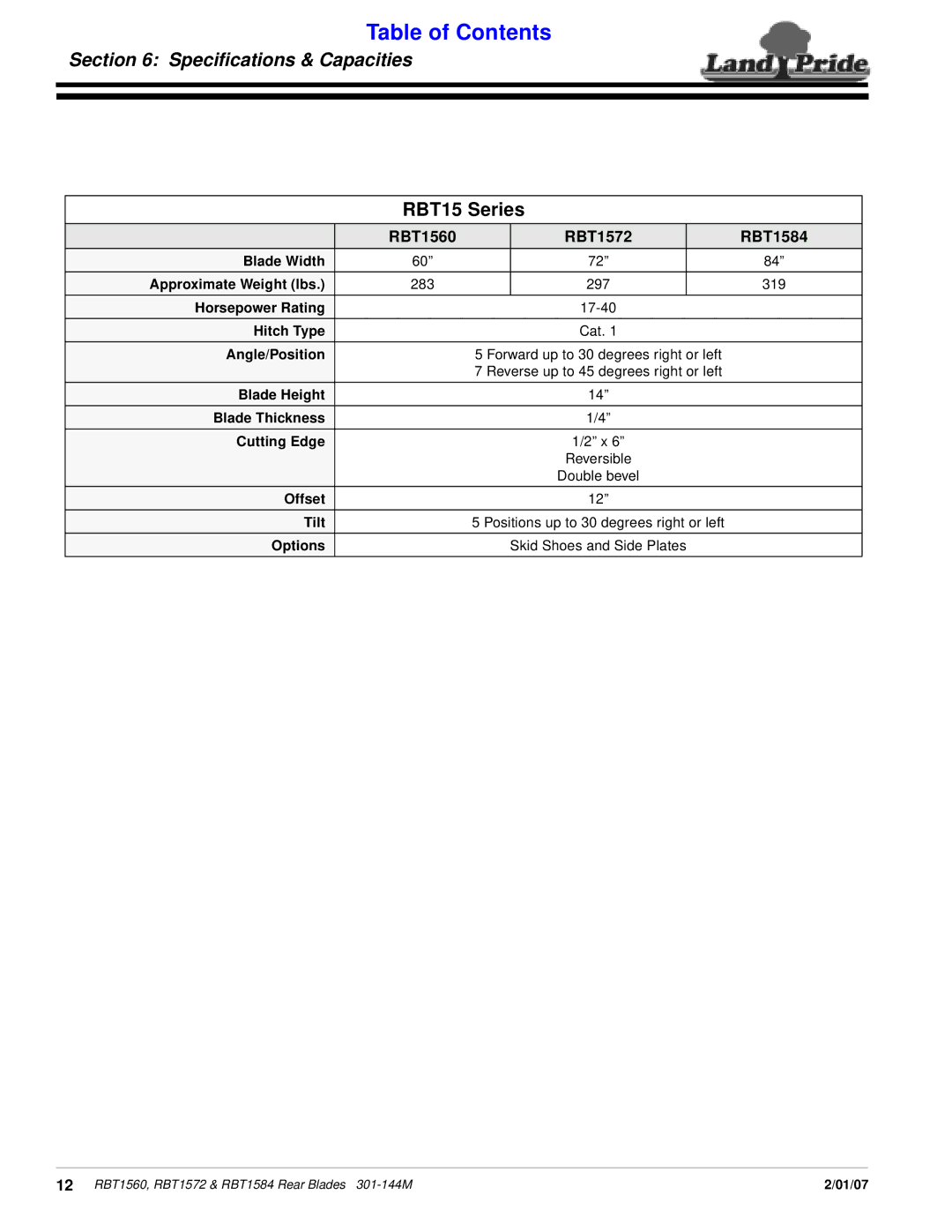 Land Pride RBT1572 & RBT1584, Rear Blades, RBT1560 manual Speciﬁcations & Capacities, RBT15 Series 