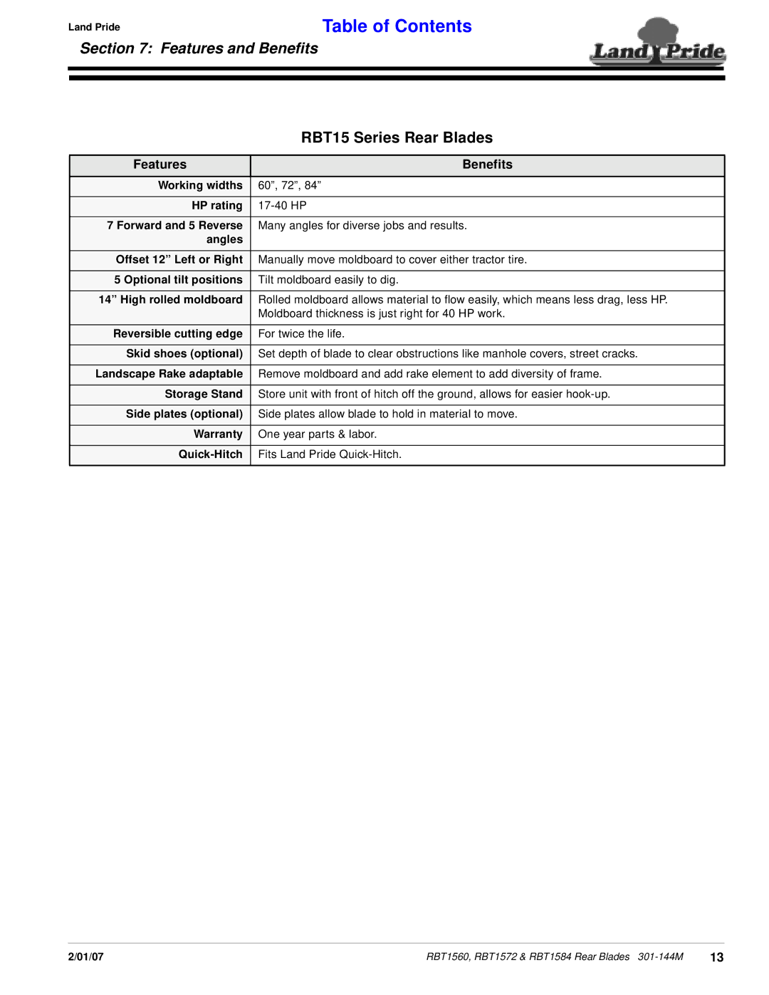 Land Pride RBT1560, RBT1572 & RBT1584 manual Features and Beneﬁts, RBT15 Series Rear Blades 