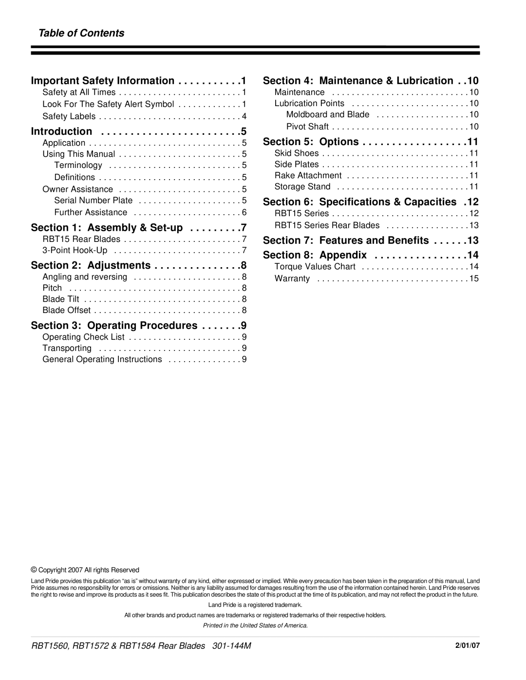 Land Pride RBT1572 & RBT1584, Rear Blades, RBT1560 manual Table of Contents 