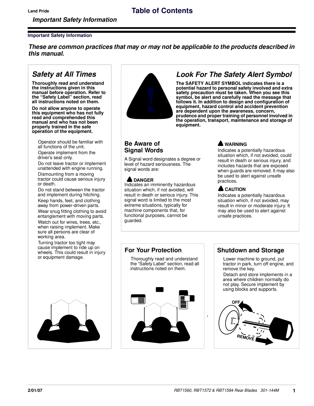 Land Pride Rear Blades, RBT1560, RBT1572 & RBT1584 manual Be Aware Signal Words, For Your Protection, Shutdown and Storage 