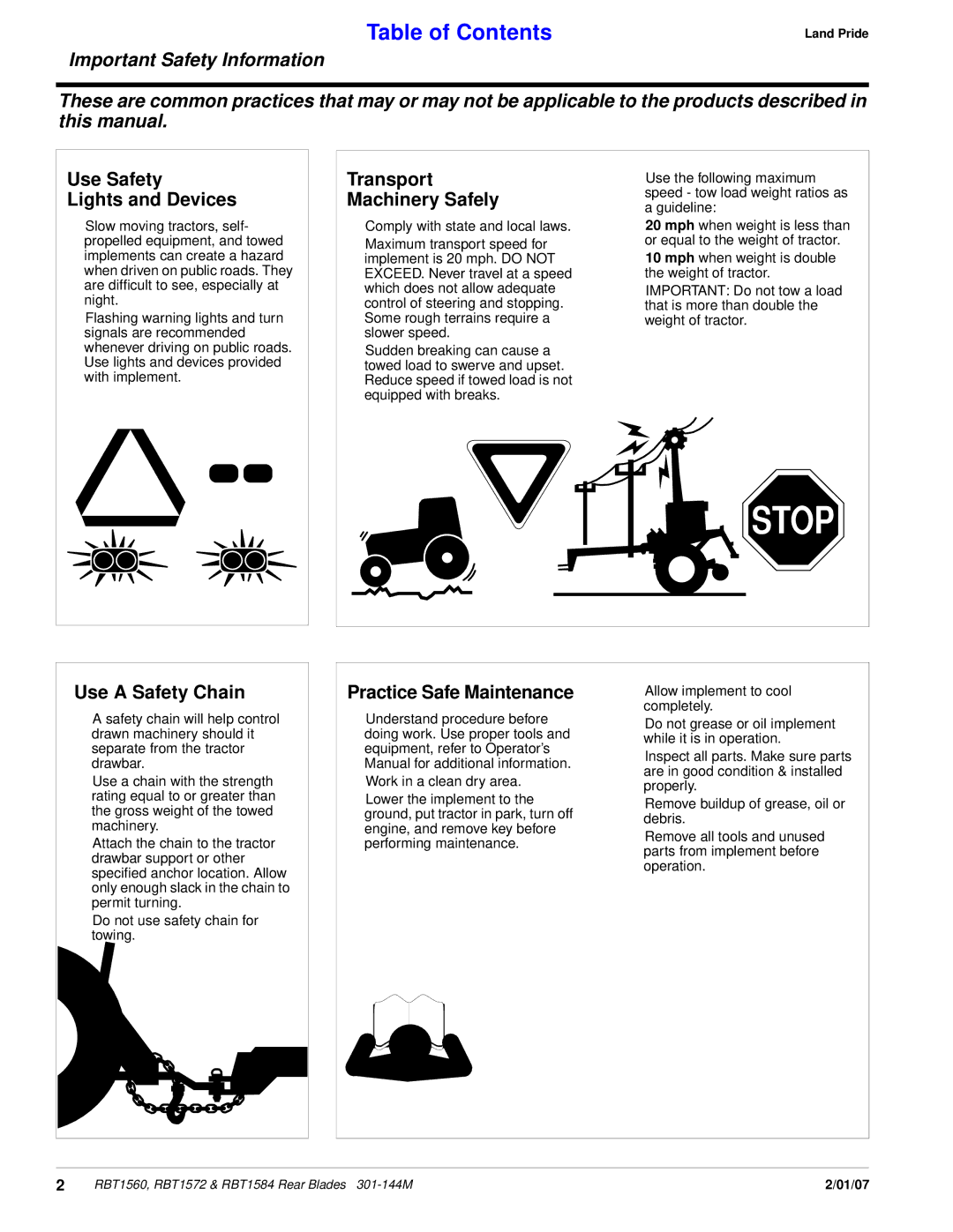 Land Pride RBT1560, Rear Blades manual Use Safety Lights and Devices, Transport Machinery Safely, Use a Safety Chain 