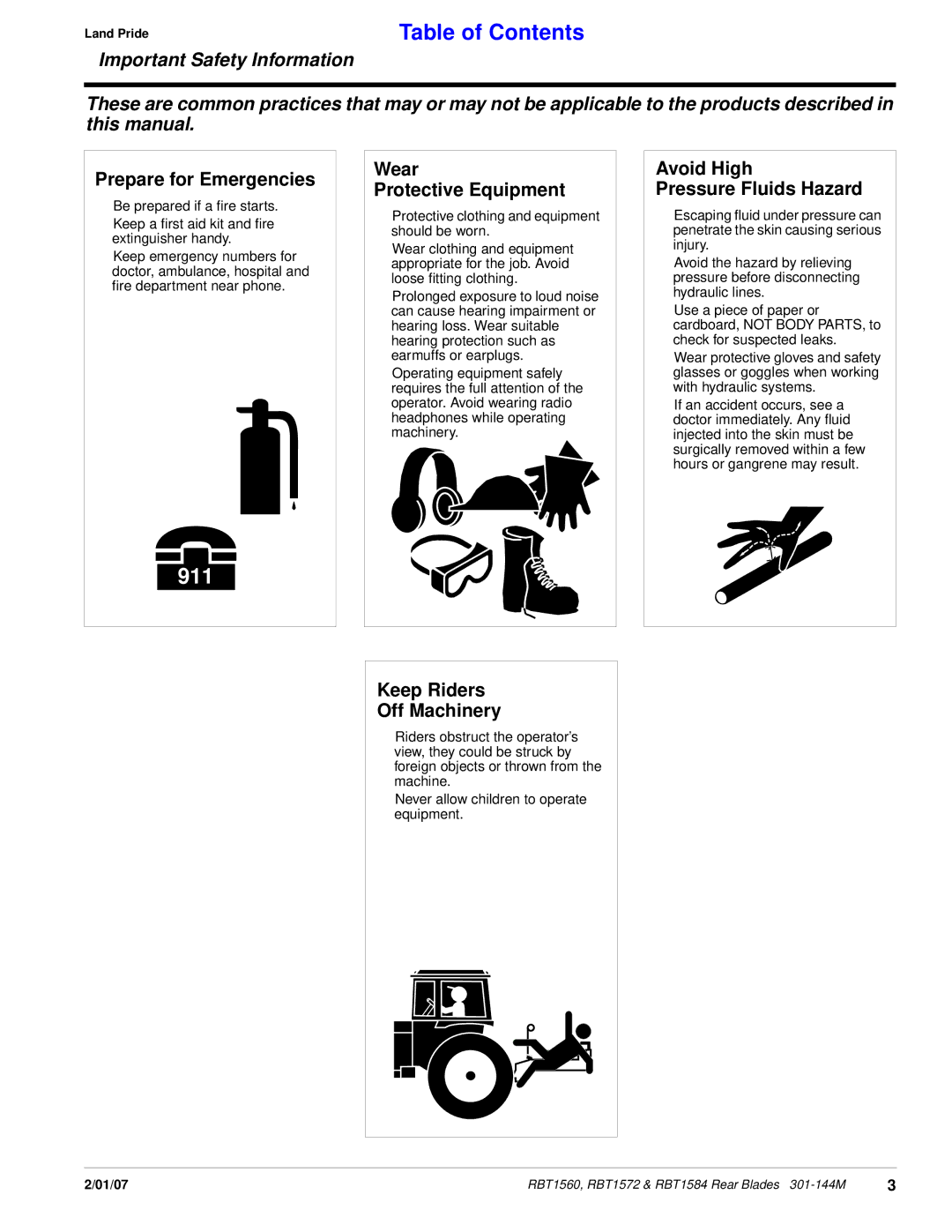 Land Pride RBT1572 & RBT1584 manual Prepare for Emergencies, Wear Protective Equipment, Avoid High Pressure Fluids Hazard 