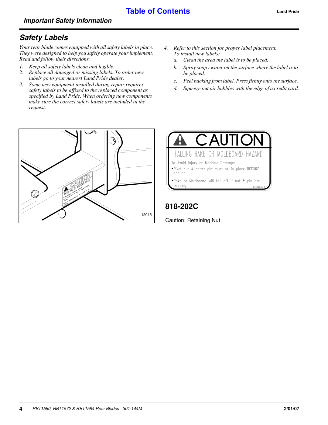 Land Pride Rear Blades, RBT1560, RBT1572 & RBT1584 manual Safety Labels, 818-202C 