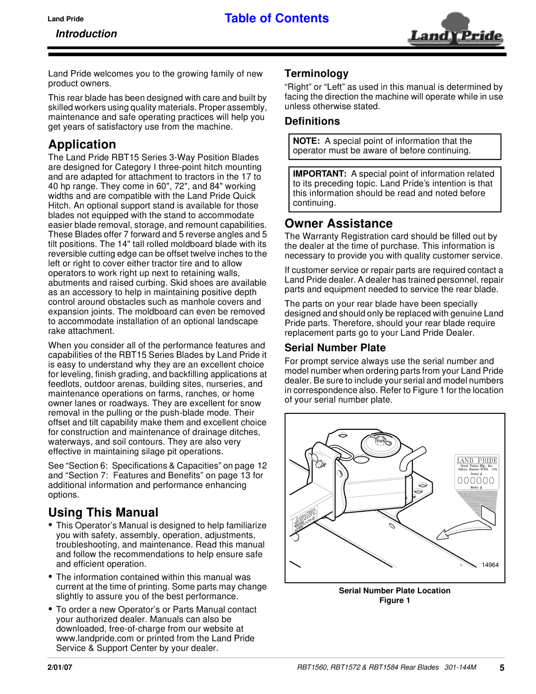 Land Pride RBT1560, Rear Blades, RBT1572 & RBT1584 manual Application, Using This Manual, Owner Assistance 