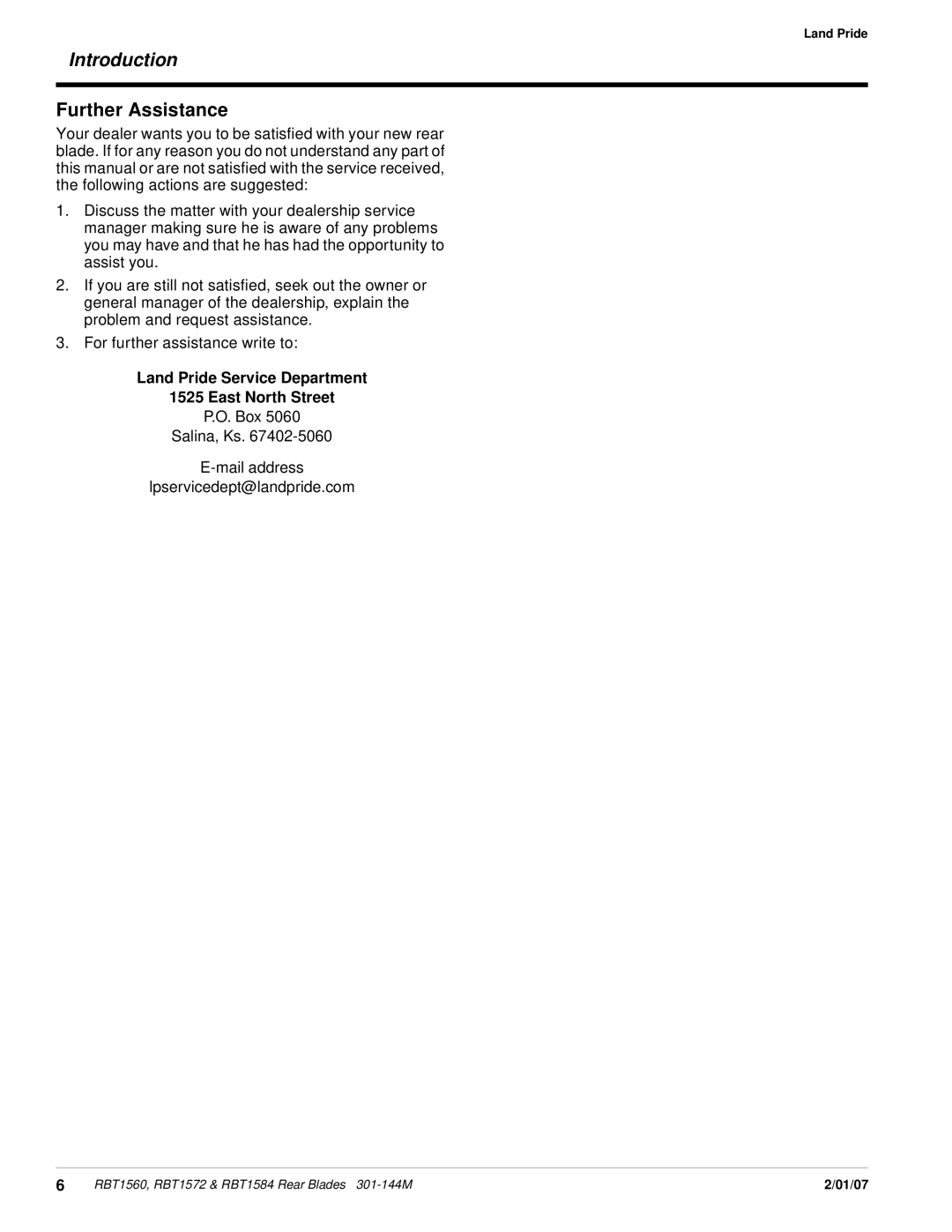 Land Pride RBT1572 & RBT1584, Rear Blades, RBT1560 manual Further Assistance, Land Pride Service Department East North Street 