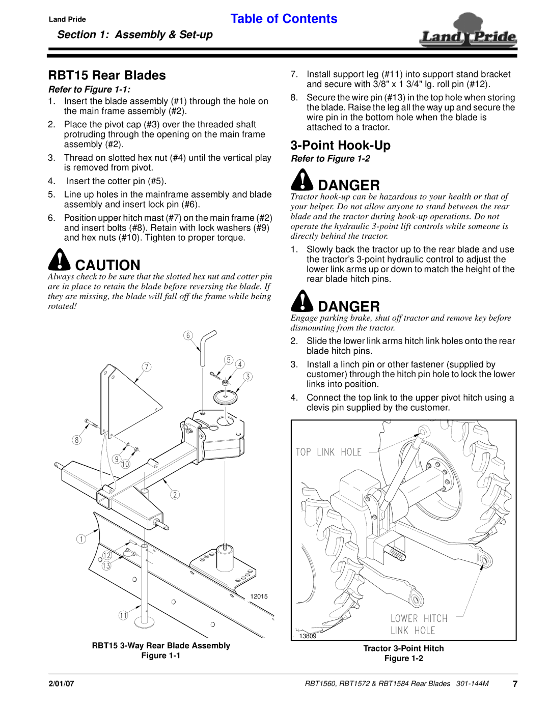 Land Pride RBT1560, RBT1572 & RBT1584 manual RBT15 Rear Blades, Point Hook-Up 