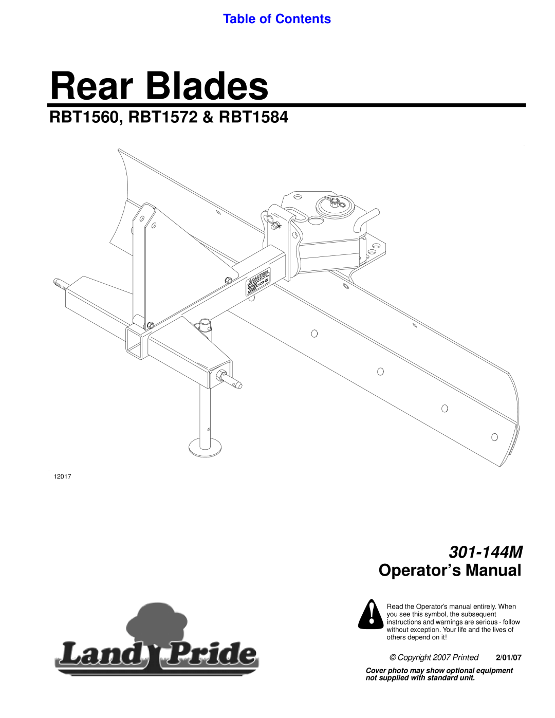 Land Pride manual RBT1560, RBT1572 & RBT1584, Table of Contents, Rear Blades, 301-144M Operator’s Manual, 12017 