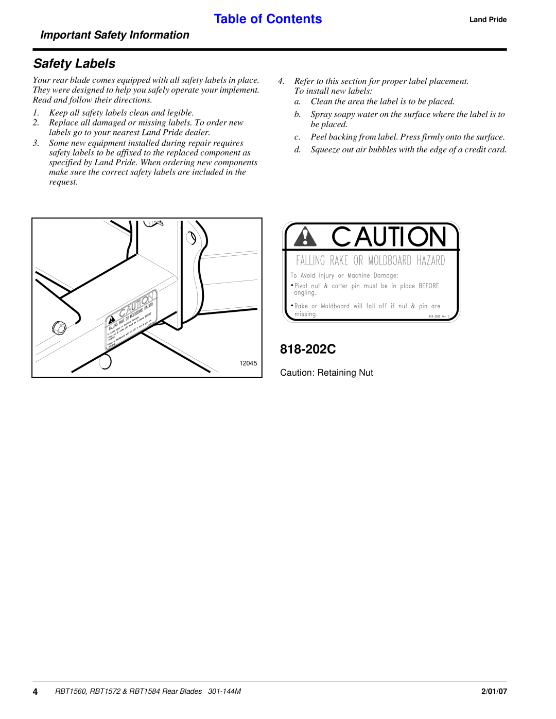 Land Pride Rear Blades, RBT1560, RBT1572 & RBT1584 Safety Labels, 818-202C, Table of Contents, Important Safety Information 