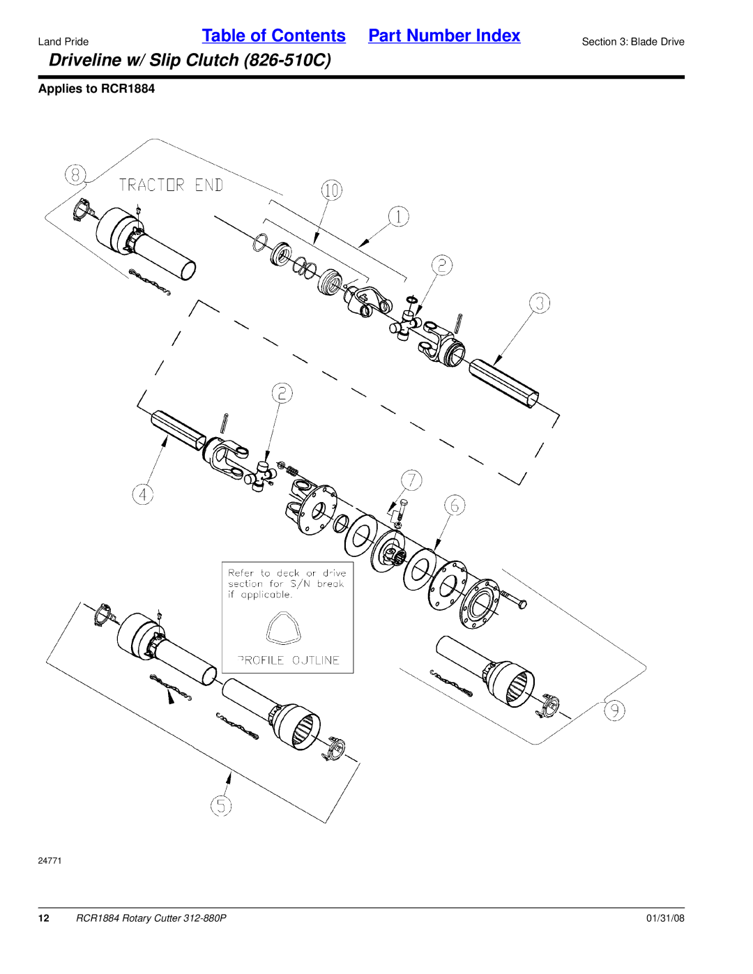 Land Pride Rotary Cutter, RCR1884 manual Driveline w/ Slip Clutch 826-510C 