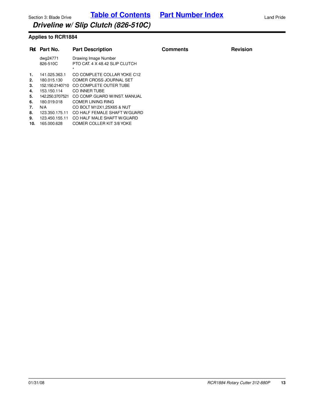 Land Pride RCR1884, Rotary Cutter manual Comer Cross Journal SET, CO Inner Tube 