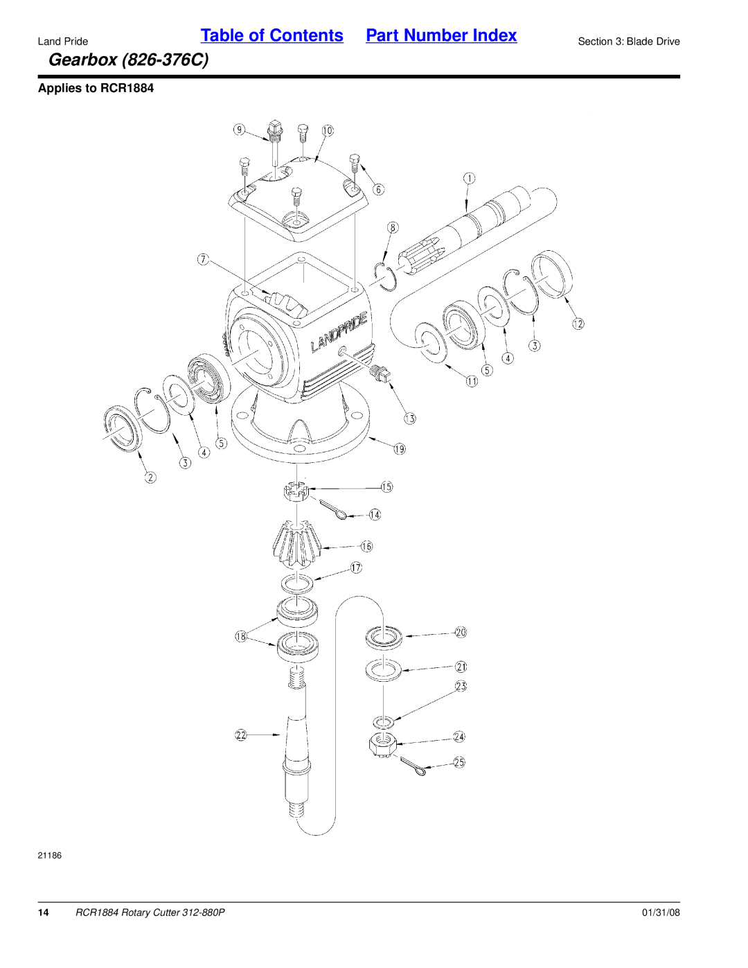 Land Pride Rotary Cutter, RCR1884 manual Gearbox 826-376C 