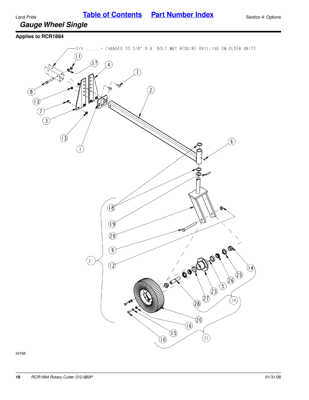 Land Pride Rotary Cutter, RCR1884 manual Gauge Wheel Single 