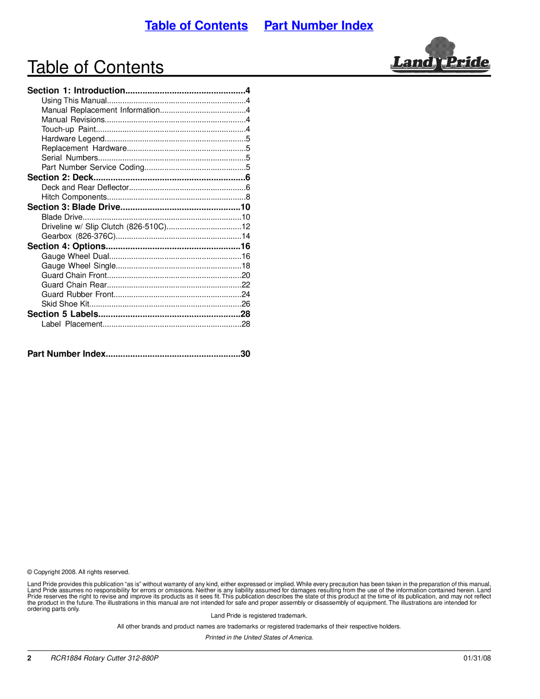 Land Pride Rotary Cutter, RCR1884 manual Table of Contents 