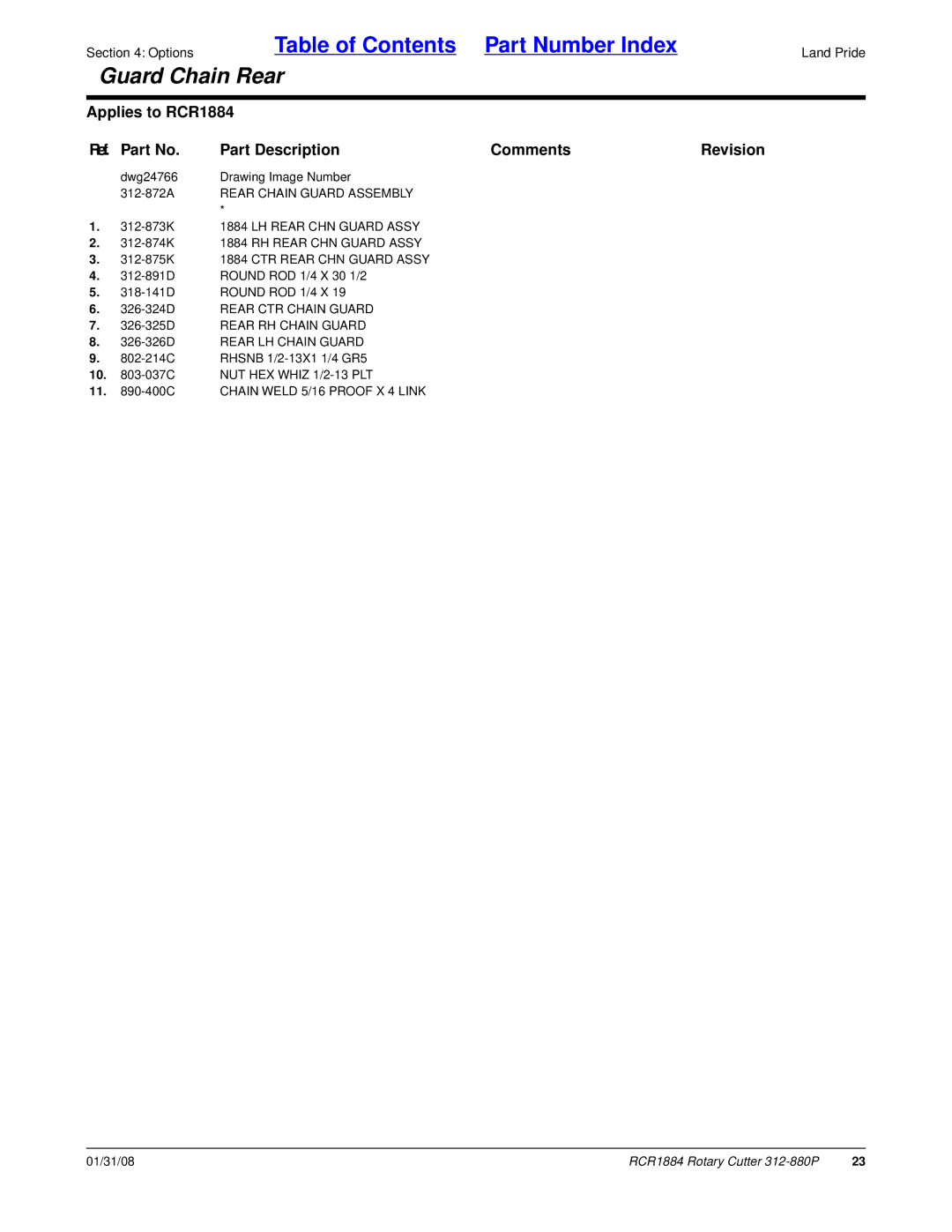 Land Pride RCR1884, Rotary Cutter manual 312-872A Rear Chain Guard Assembly 
