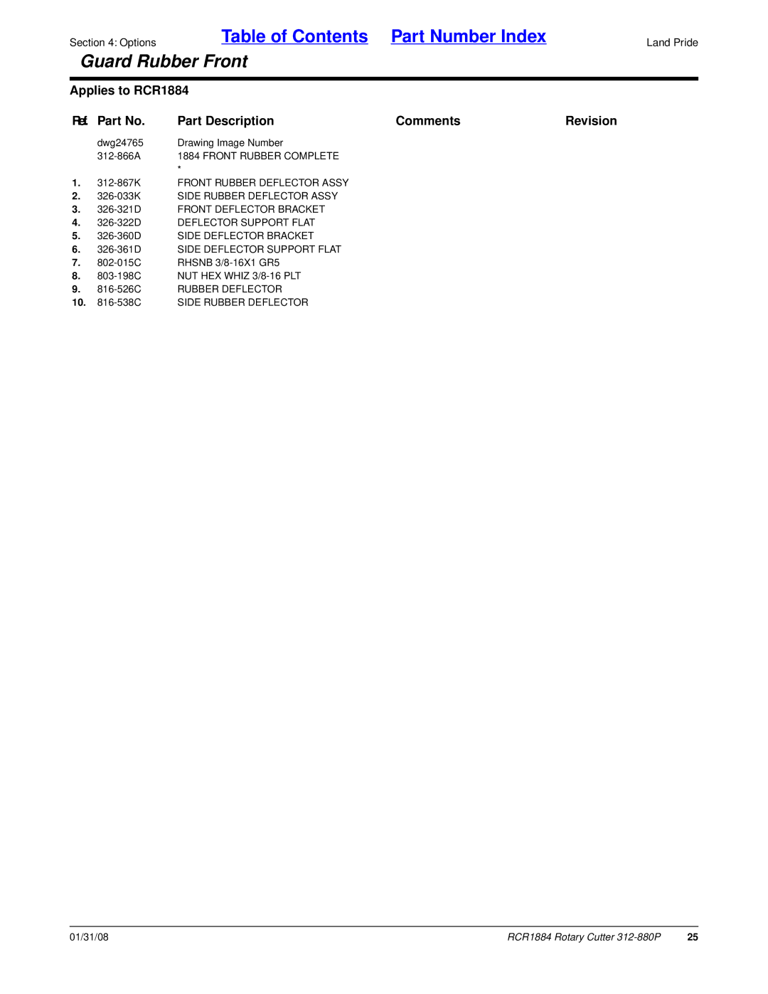 Land Pride RCR1884, Rotary Cutter manual 10 -538C Side Rubber Deflector 