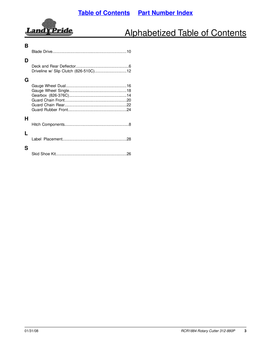 Land Pride RCR1884, Rotary Cutter manual Alphabetized Table of Contents 