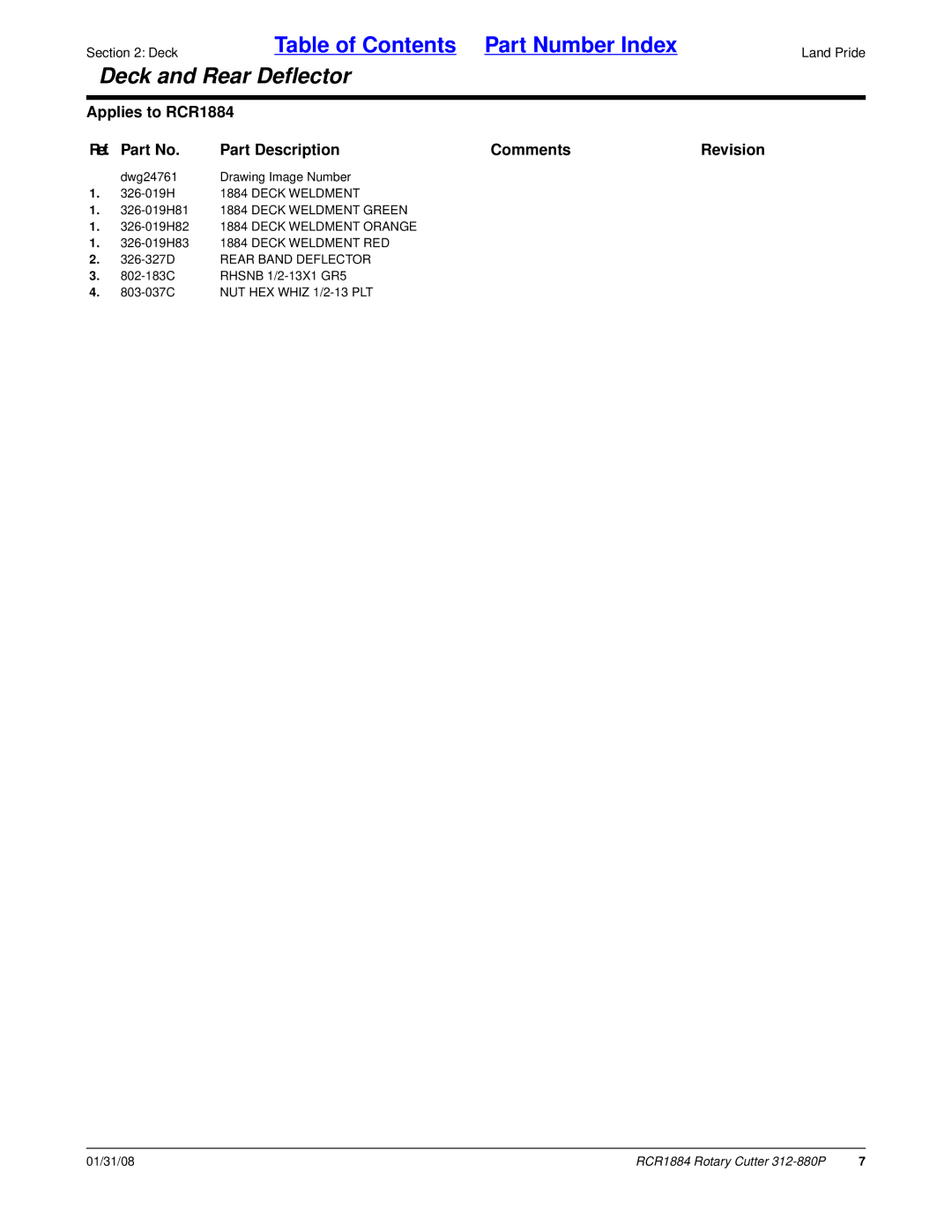 Land Pride RCR1884, Rotary Cutter manual 326-327D Rear Band Deflector, NUT HEX Whiz 1/2-13 PLT 