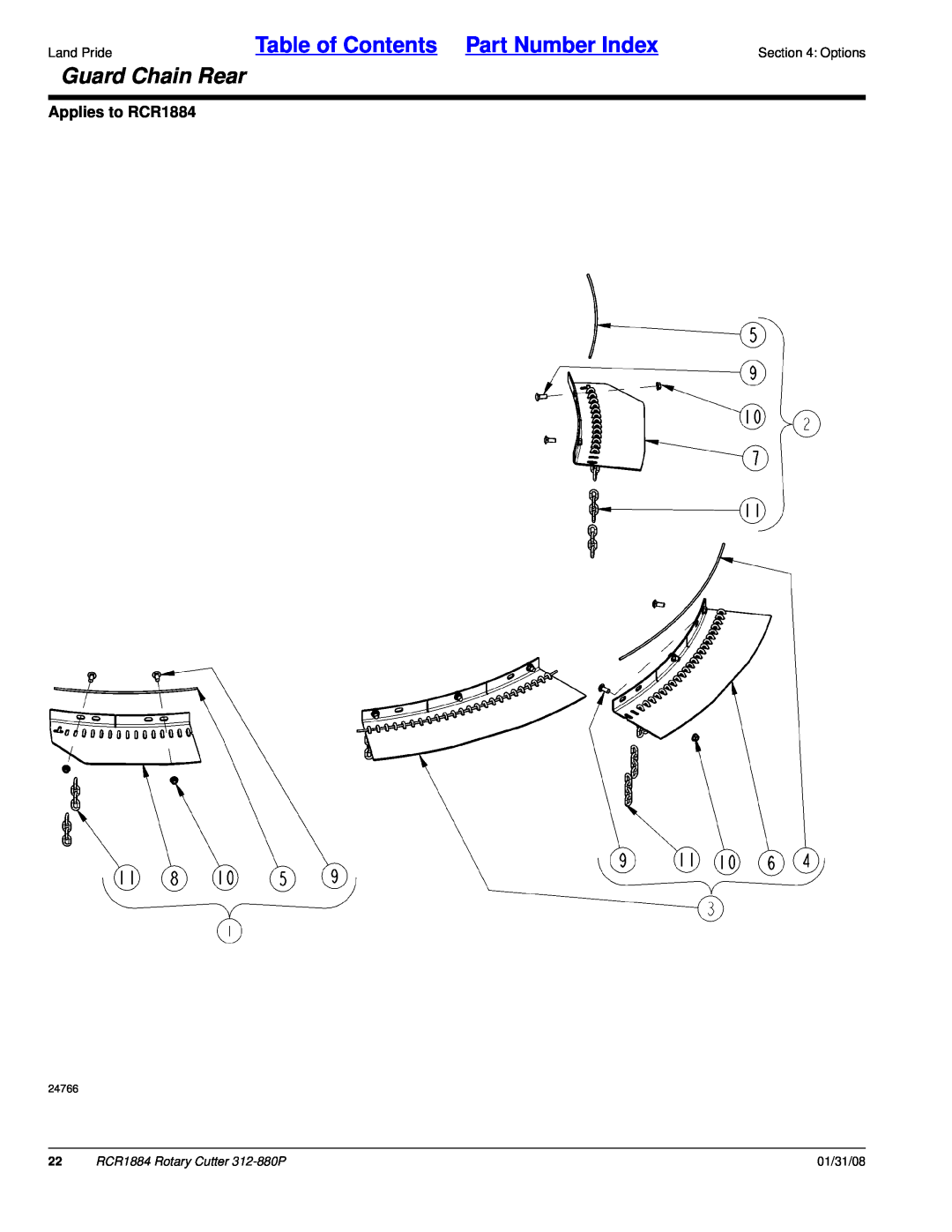 Land Pride Rotary Cutter manual Guard Chain Rear, Table of Contents Part Number Index, Applies to RCR1884, 01/31/08 