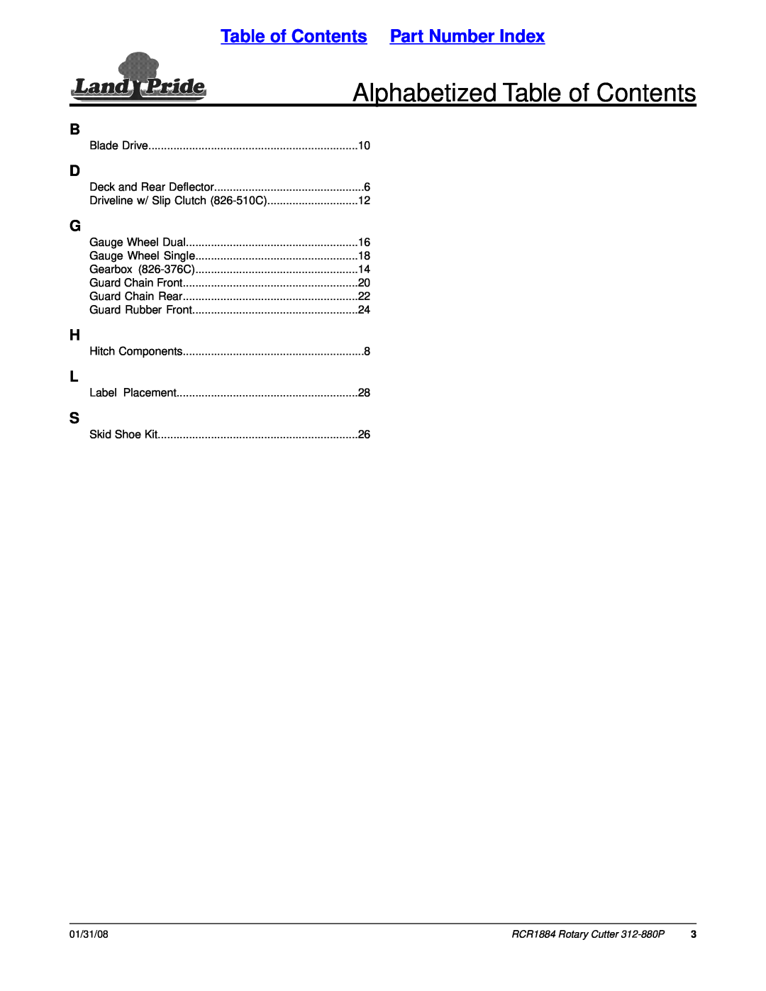 Land Pride RCR1884, Rotary Cutter manual Alphabetized Table of Contents, Table of Contents Part Number Index 