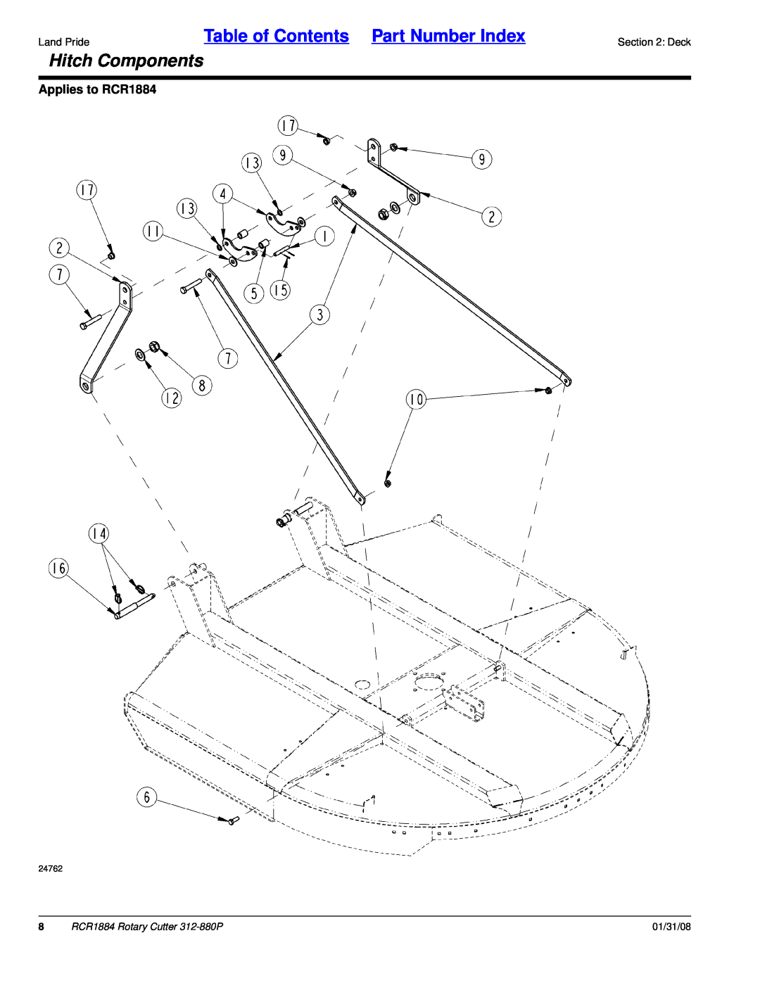 Land Pride Rotary Cutter manual Hitch Components, Table of Contents Part Number Index, Applies to RCR1884, 01/31/08 