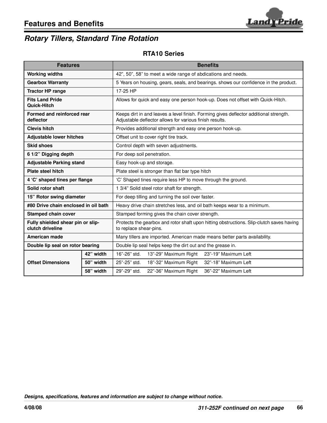 Land Pride RTA10 Series specifications Rotary Tillers, Standard Tine Rotation, Features Benefits, 08/08 